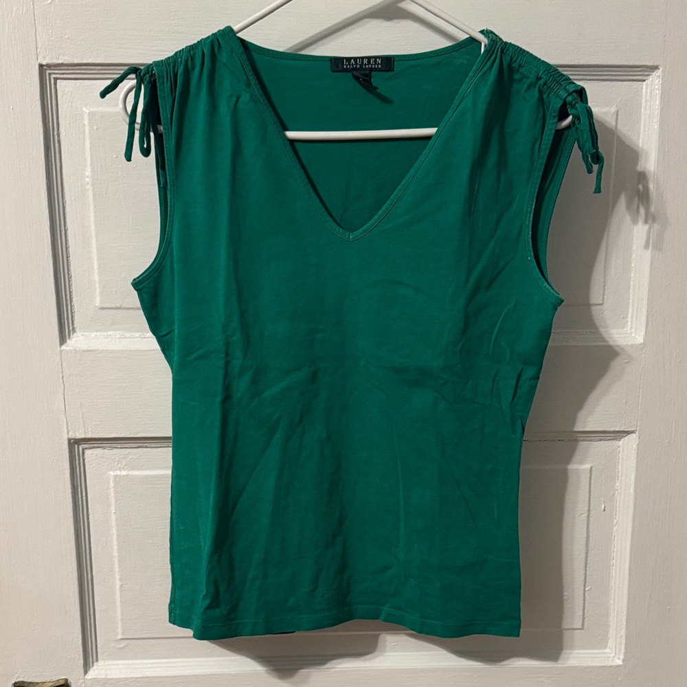 Lauren Ralph Lauren Emerald Green V-Neck Tie-Shoulder Tank